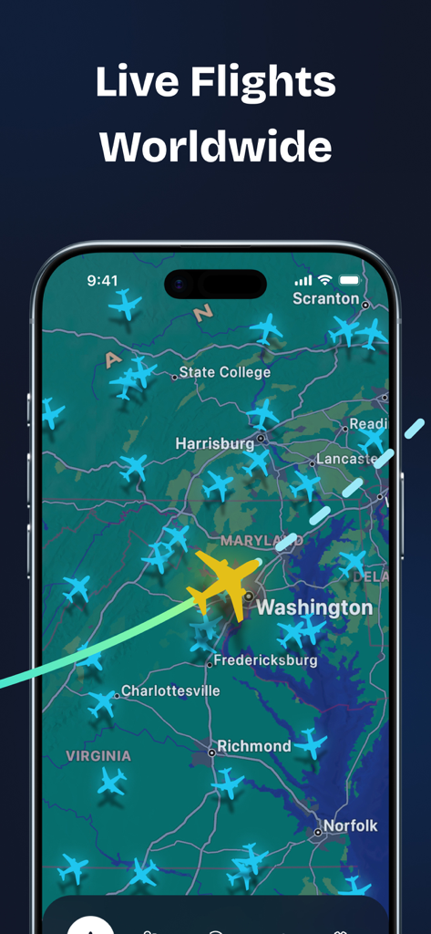 Sky Radar: Live Flights - Interfaz de la aplicación Sky Radar mostrando seguimiento de vuelos en tiempo real con iconos de aviones en un mapa de los Estados Unidos.