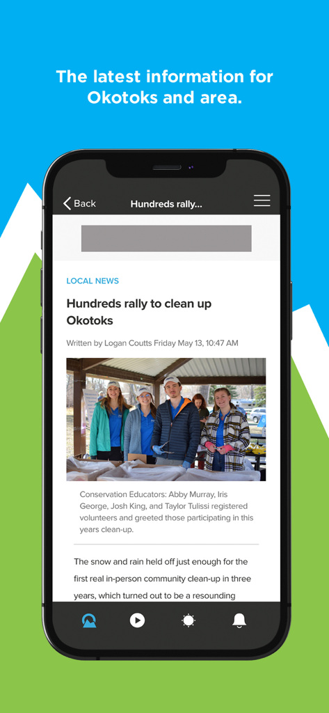 OkotoksOnline - A smartphone displaying the OkotoksOnline local news app with a community clean up article.
