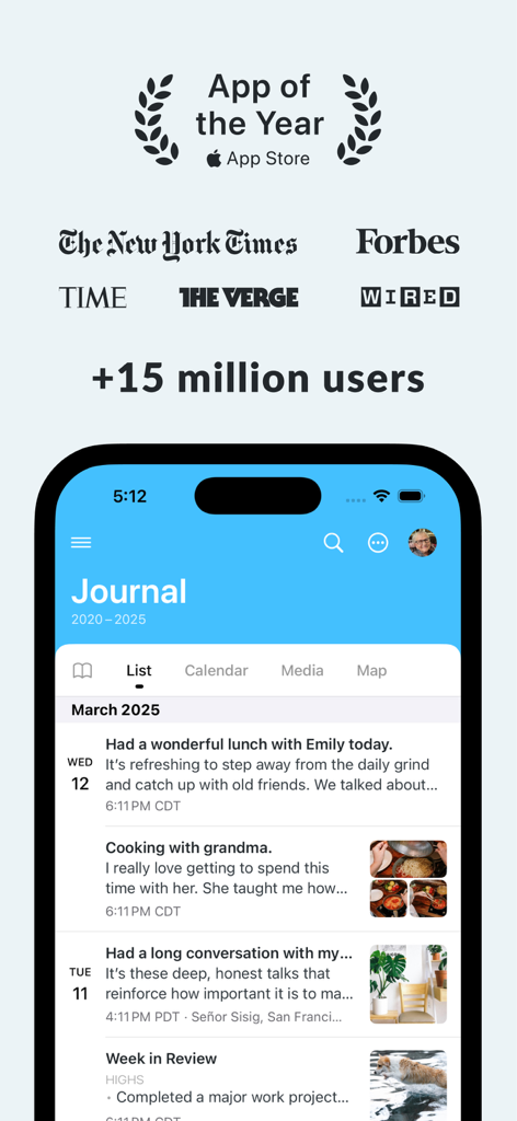 Apple App of the Yearアワードとプレスロゴを表示したDay Oneジャーナリングアプリのインターフェース