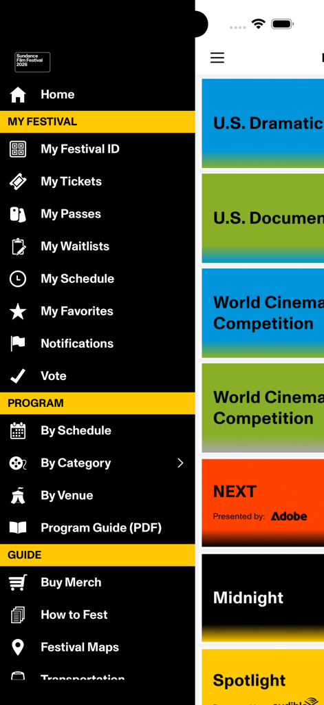 Sundance Film Festival 2026 - 선댄스 영화제 2026 모바일 앱 메뉴, 티켓, 일정, 영화 카테고리 탐색 옵션