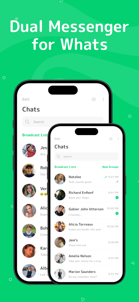 WebChat For WApp Messenger - Two iPhones displaying the chat interface of the Dual Messenger for WhatsApp app with various contact profiles