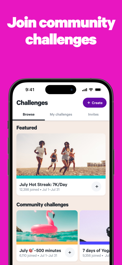 Stridekick Activity Challenges - A screenshot of the Stridekick app browsing community fitness challenges like the July Hot Streak and daily active minute targets.