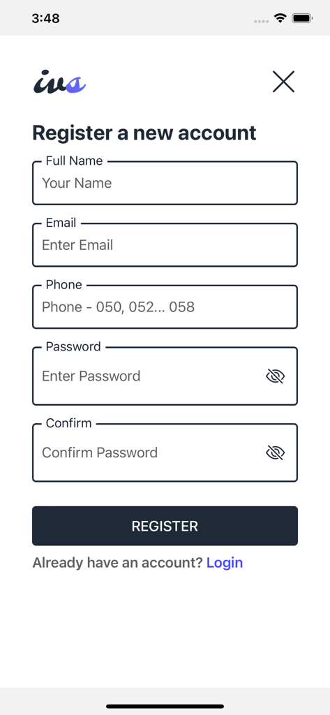 IVSouq: Shopping & Booking - Schermata di registrazione utente per l'app IVSouq che mostra campi per nome email e numero di telefono