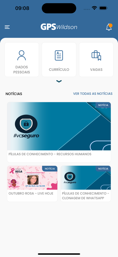 GPSvc - Tela inicial do aplicativo GPSvc com botões para dados pessoais, currículos e vagas de emprego, seguida por uma seção de notícias.