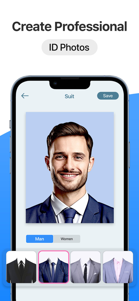 Passport Size Photo Maker App - Mobile app interface showing how to add a professional suit to an ID photo using the Passport Size Photo Maker