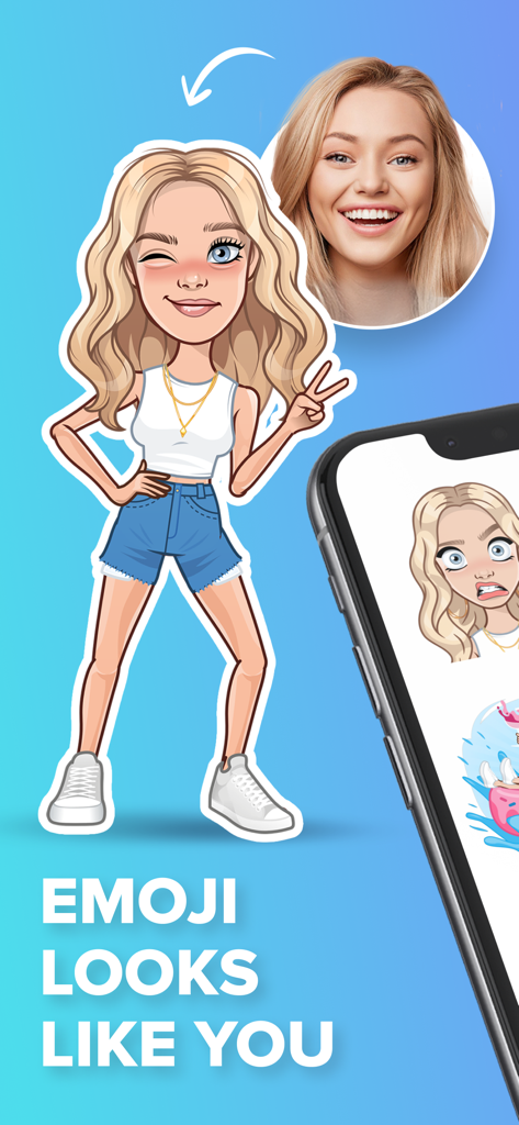 Mirror: Emoji & Avatar Maker - Ein Selfie einer blonden Frau, das in der Mirror-App in einen personalisierten Cartoon-Emoji-Avatar verwandelt wurde