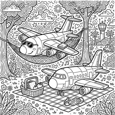 Prepare for a delightful journey into relaxation with this unique coloring page featuring cargo planes enjoying a peaceful weekend. Discover intricate details as you bring to life aircraft unwinding with picnics and hammock naps.
