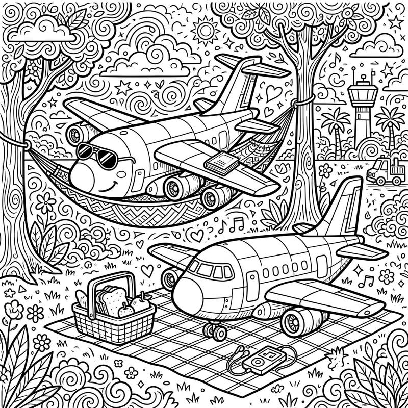 Prepare for a delightful journey into relaxation with this unique coloring page featuring cargo planes enjoying a peaceful weekend. Discover intricate details as you bring to life aircraft unwinding with picnics and hammock naps.