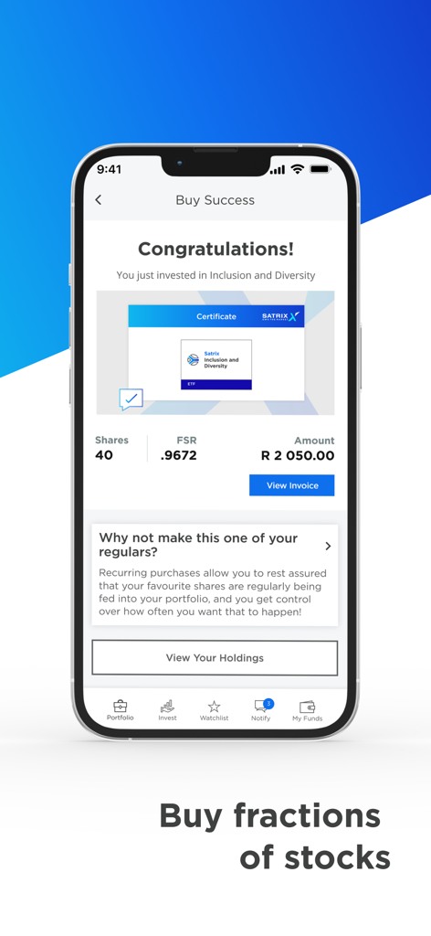 SatrixNOW - SatrixNOWアプリでフラクショナル株式の購入が成功したことを示すスマートフォン画面。