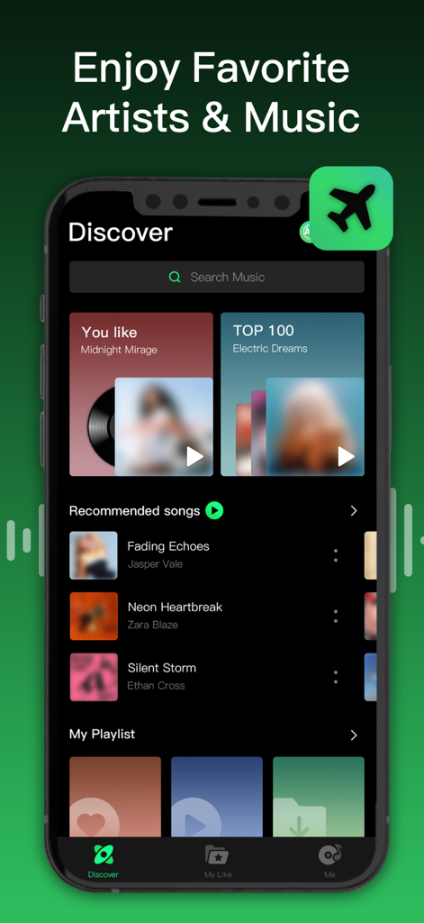 Sound Music - Offline Songs - Interfaccia dell'app Sound Music che mostra la scheda Discover con elenchi di brani e un'icona della modalità offline