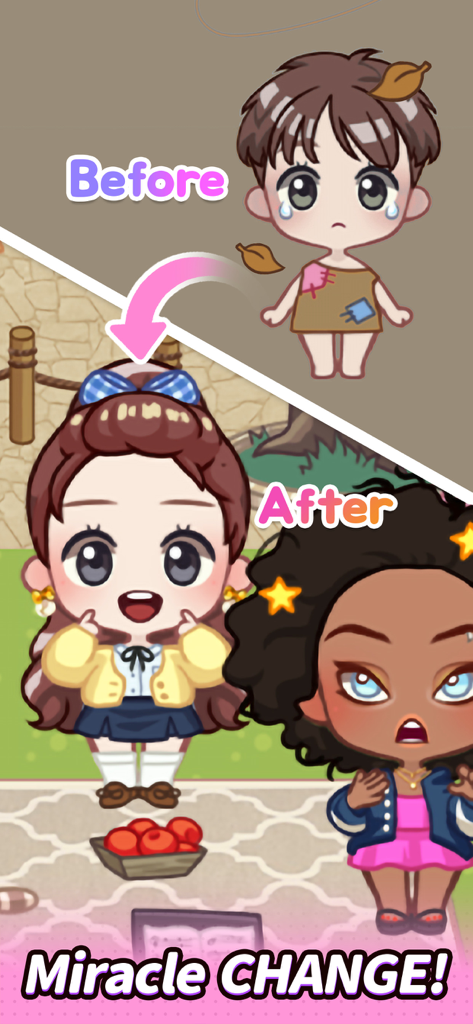 Idol Manager : Dress Up Game - ボロボロの服からスタイリッシュなアイドルの衣装への変身を示す、キャラクターのメイクオーバー前後の比較。