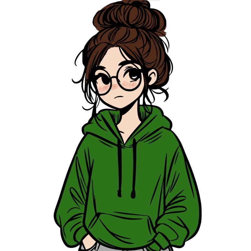 teen girl with a messy bun and glasses wearing a loose hoodie and jeans