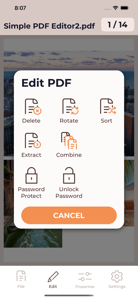 ドキュメントの編集、回転、並べ替え、抽出、パスワード保護のオプションが表示されるアプリのPDF編集メニュー