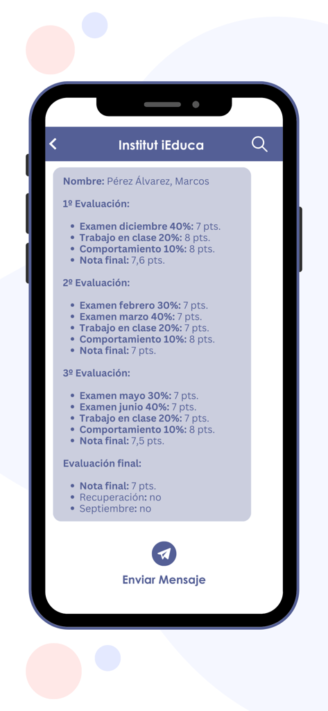 iEduca TokApp - A student academic report and grades displayed within the iEduca TokApp interface