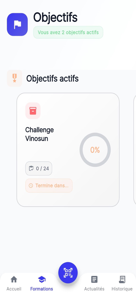 Novopharma MyChallenge - Novopharma MyChallenge app interface showing active objectives and a challenge progress tracker for Vinosun
