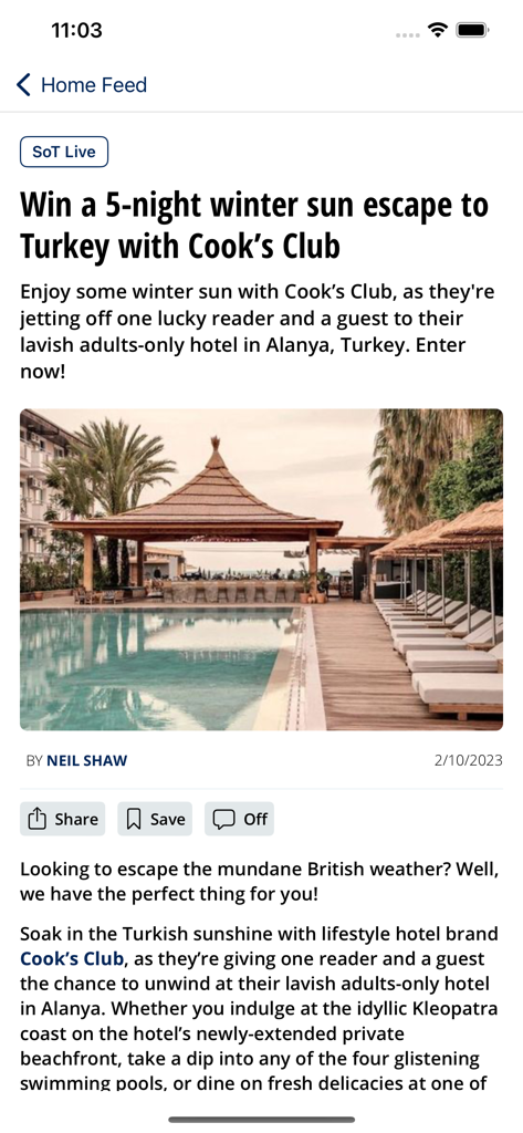 Stoke-on-Trent Live app screen displaying a travel competition article for a luxury hotel in Turkey