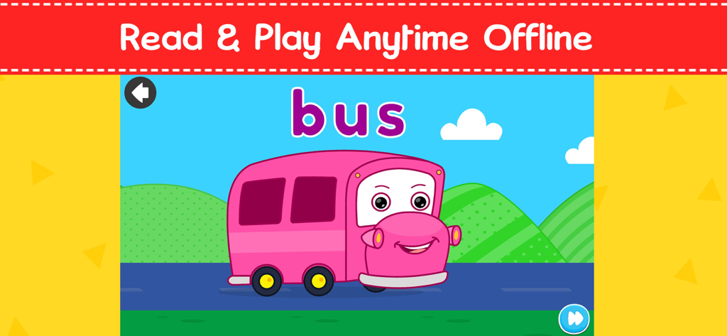 English For Kids - School App - Educational screen showing a pink cartoon bus and the word bus for kids to learn English vocabulary