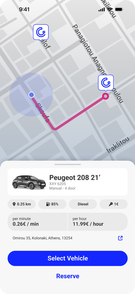 Caroo - Caroo mobile app interface showing car selection with pricing and map in Athens