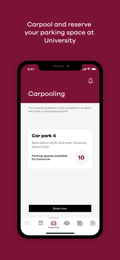 myKSU - Screenshot of the myKSU app carpooling feature showing 10 available parking spaces for reservation at a university car park