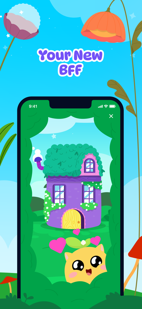 AI Companion Talking Pet - Emy - AI Companion Talking Pet Emy peeking out from a colorful house with hearts and the text Your New BFF