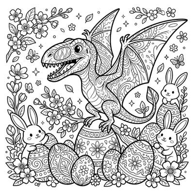 Unleash your creativity with this delightful Dimorphodon Easter coloring page, blending prehistoric charm with springtime joy. Discover a whimsical scene featuring a patterned pterosaur, adorable bunnies, and beautifully decorated eggs ready for your vibrant touch.