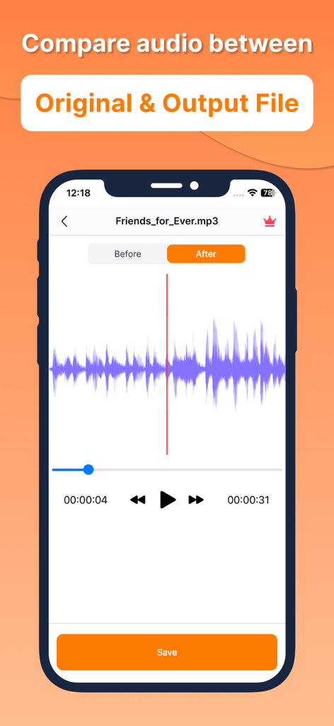 Boost Audio Voice Reduce Noise - Smartphone screen showing a comparison between original and noise-reduced audio waveforms in the Boost Audio app.
