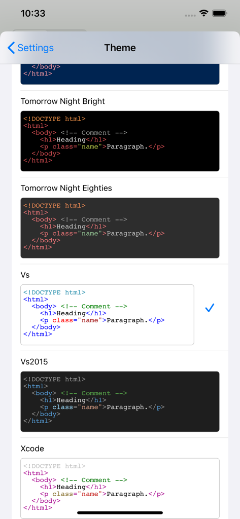 HTML Viewer Pro - A list of syntax highlighting themes in the HTML Viewer Pro settings menu including Xcode and Tomorrow Night Bright styles.