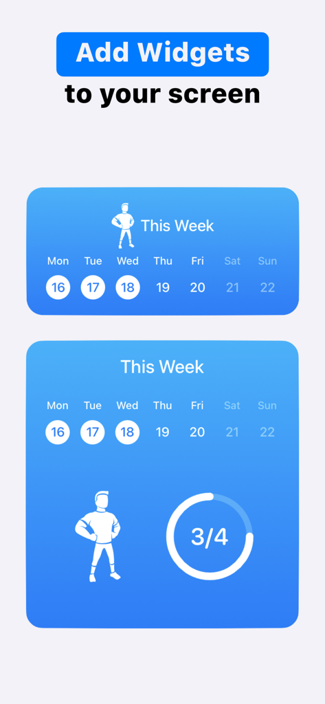 Calisthenics Coachy - Deux widgets iOS bleus de l'application Calisthenics Coachy affichant la progression hebdomadaire des entraînements et l'achèvement des objectifs.