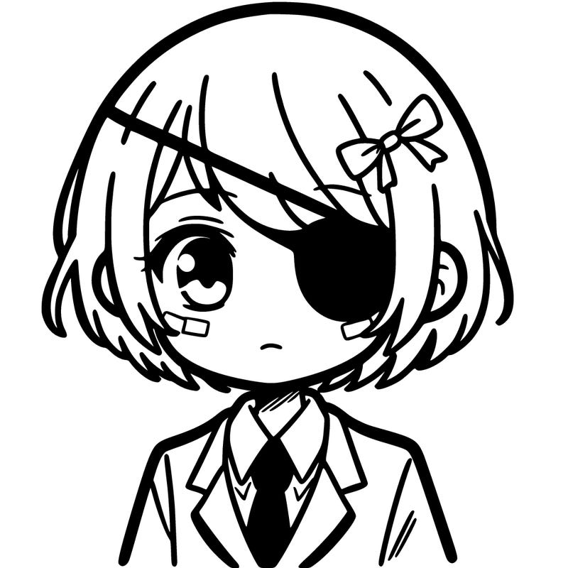 girl with short hair wearing a suit and eyepatch