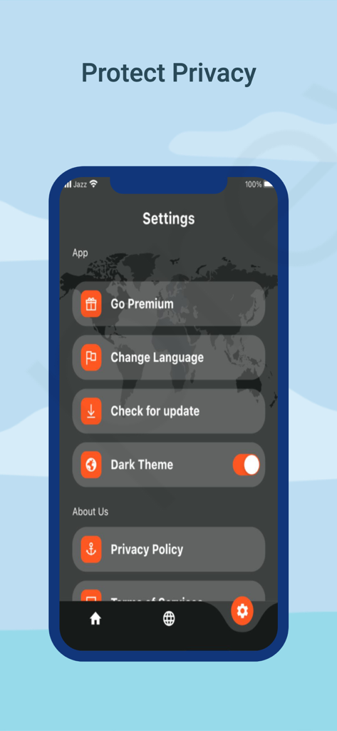 Speed VPN and Private Browser - Einstellungsmenü der Speed VPN-App, das den Dunkelmodus-Schalter und Optionen für die Datenschutzrichtlinie anzeigt.