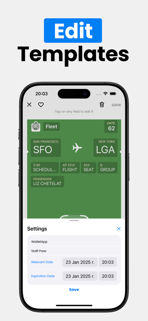 Interface for editing a custom boarding pass template in the Wallet Creator app