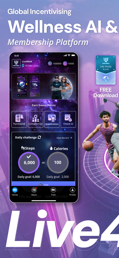 Live4well - Painel do aplicativo Live4well apresentando rastreamento de atividade diária e um sistema de recompensas de bem-estar gamificado