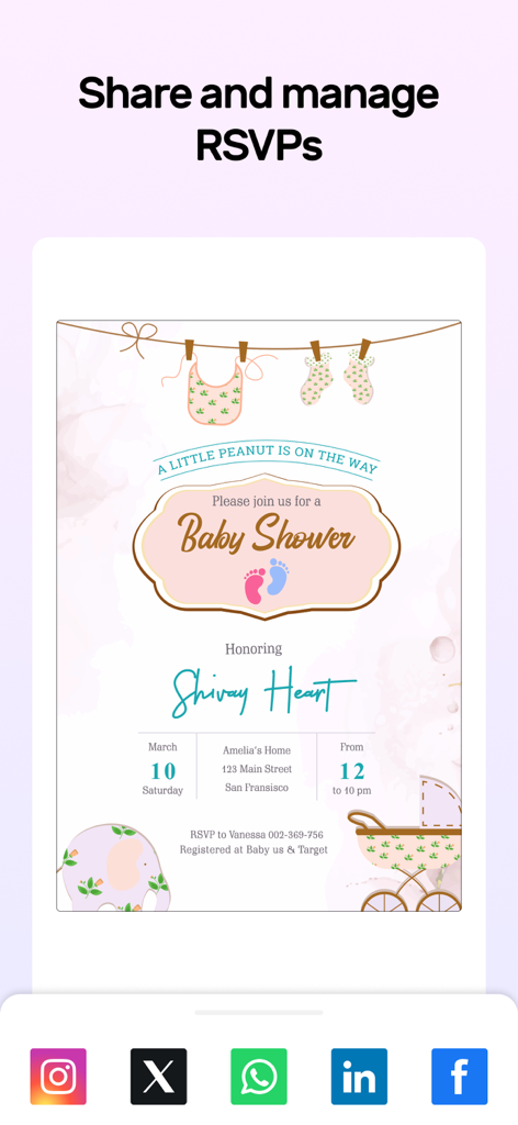 Invitation Card Design Maker - A baby shower invitation template with social media sharing icons and RSVP details.