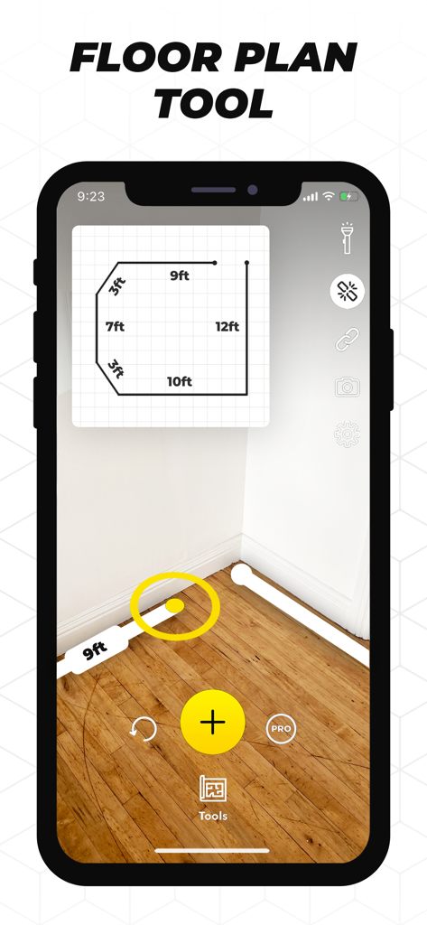 Tape Measure app floor plan tool showing an AR room measurement and a generated 2D map with dimensions