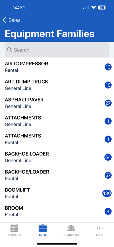 SalesLink Flex - SalesLink Flex app screen displaying a list of equipment categories and their rental availability counts