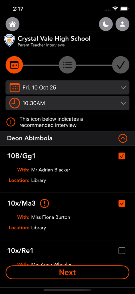 Booked (Previously PTO) - Mobile app interface of the Booked application showing a list of high school subjects and teachers for scheduling parent-teacher interviews.