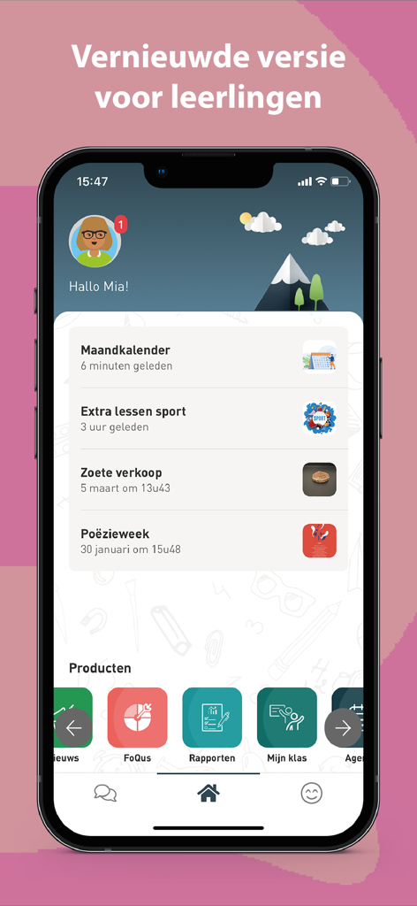 Interface do aplicativo mobile Questi mostrando um painel do aluno com atividades e relatórios escolares