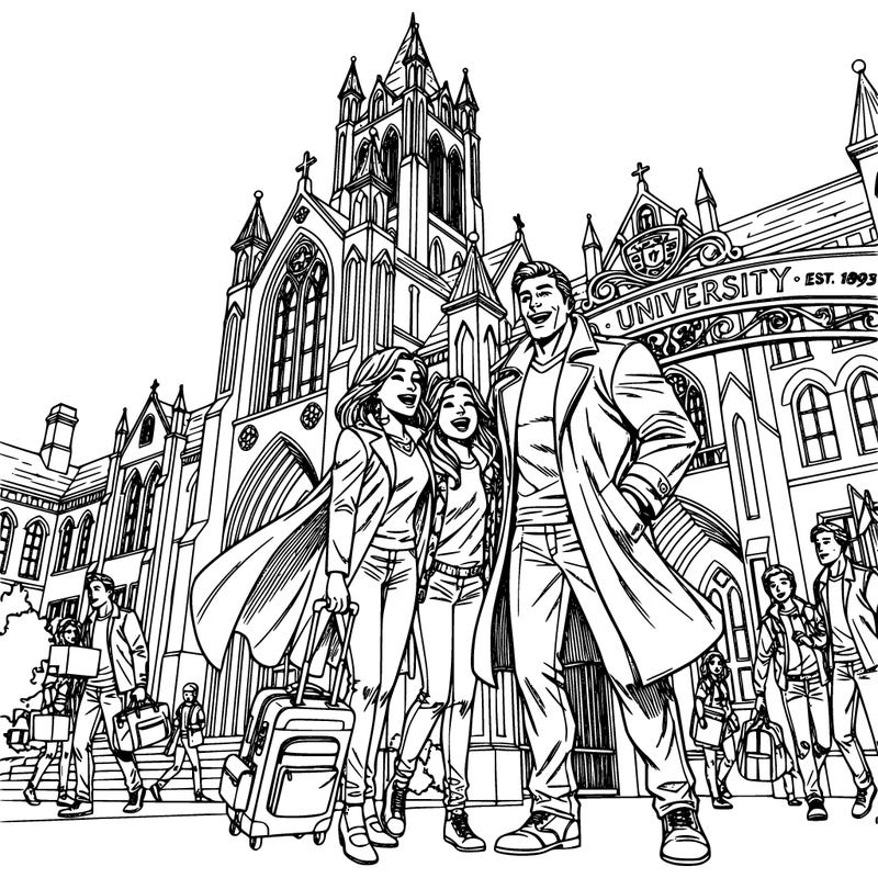 a family as they laugh while posing for a picture as they drop off their daughter at college.  other kids in background.   create other college details