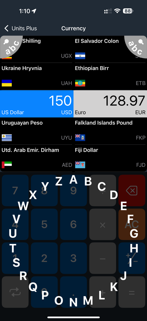 Interface of the Unit Converter app showing a currency exchange calculation from US Dollars to Euros with flags of different countries.