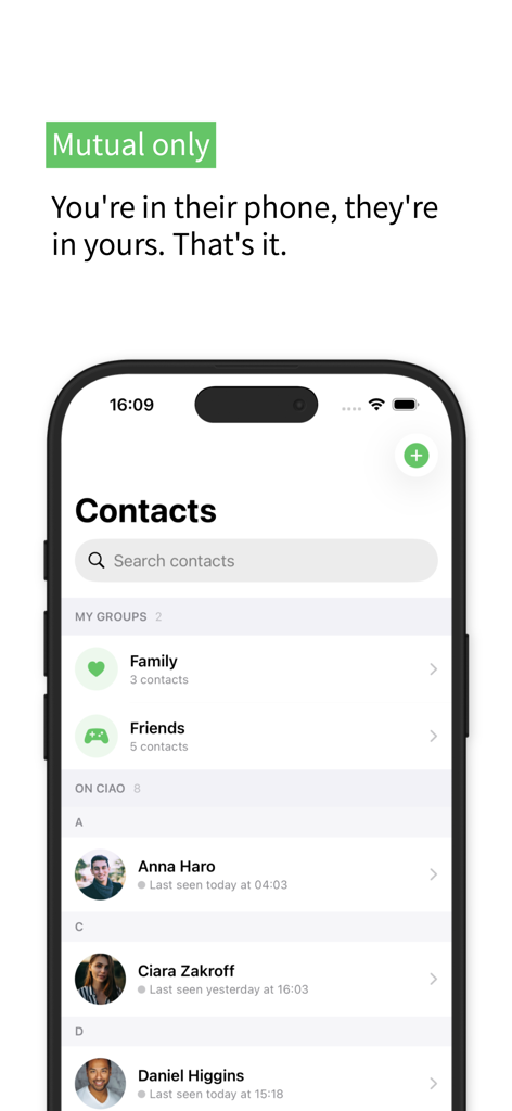 Tela de contatos do aplicativo Ciao mostrando grupos de amigos em comum e lista de contatos privados