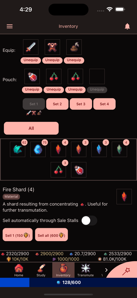 Magic Research 2 - Écran d'inventaire de Magic Research 2 montrant l'équipement du personnage et la gestion des objets