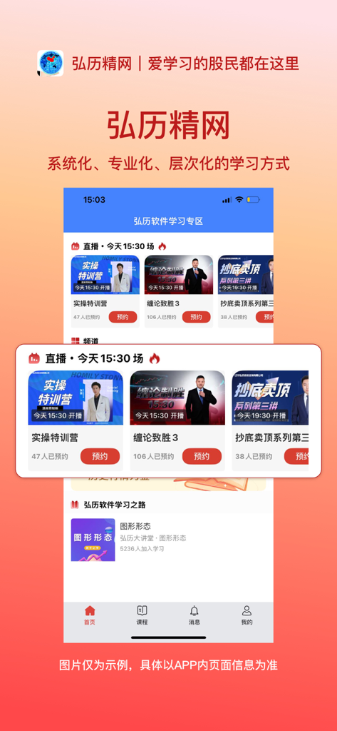 Homily Spirit Network app interface featuring professional stock market education courses and live trading sessions