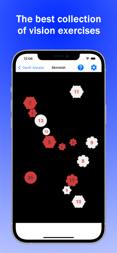 GamE-blyopia - Amblyopia Games - GamE-blyopia app displaying the Skirmish vision therapy game with red and white numbered icons