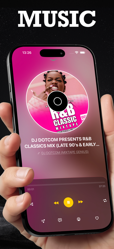R&B 클래식 믹스 테이프를 표시하는 아이폰에서 Vibely 음악 플레이어 인터페이스