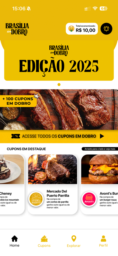 Brasília em Dobro - Tela inicial do aplicativo móvel Brasília em Dobro com cupons de desconto de restaurantes e ofertas Compre Um, Leve Outro