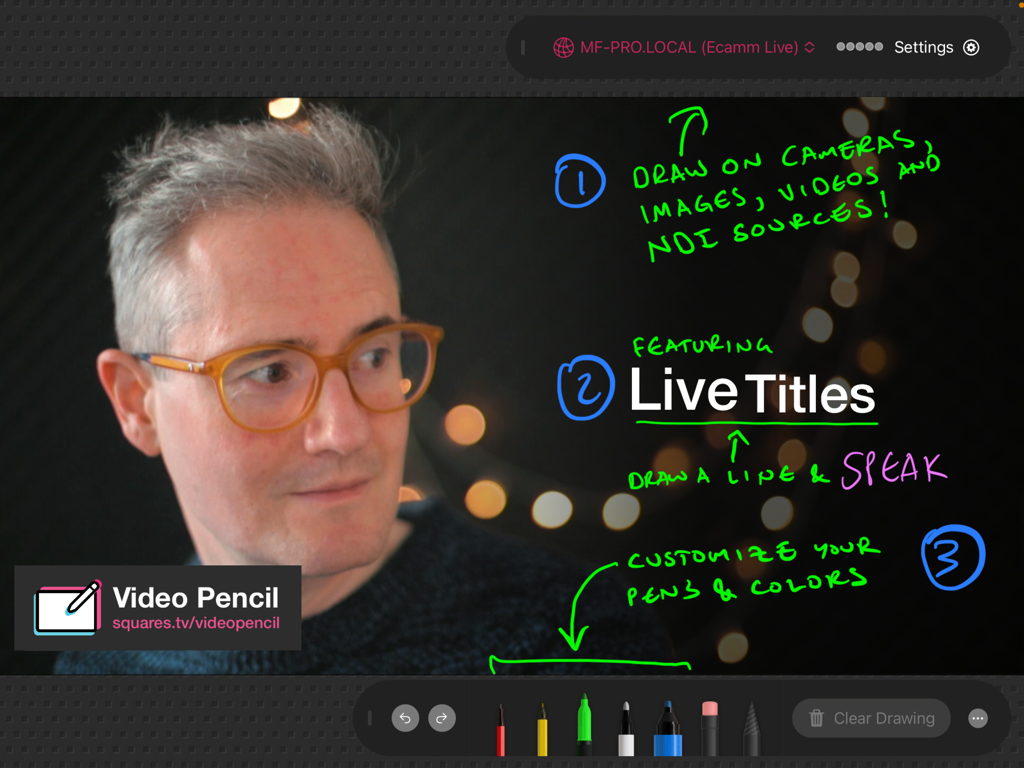 Video Pencil - Captura de tela do aplicativo Video Pencil no iPad mostrando anotações manuscritas coloridas e títulos ao vivo sobre um feed de vídeo de webcam
