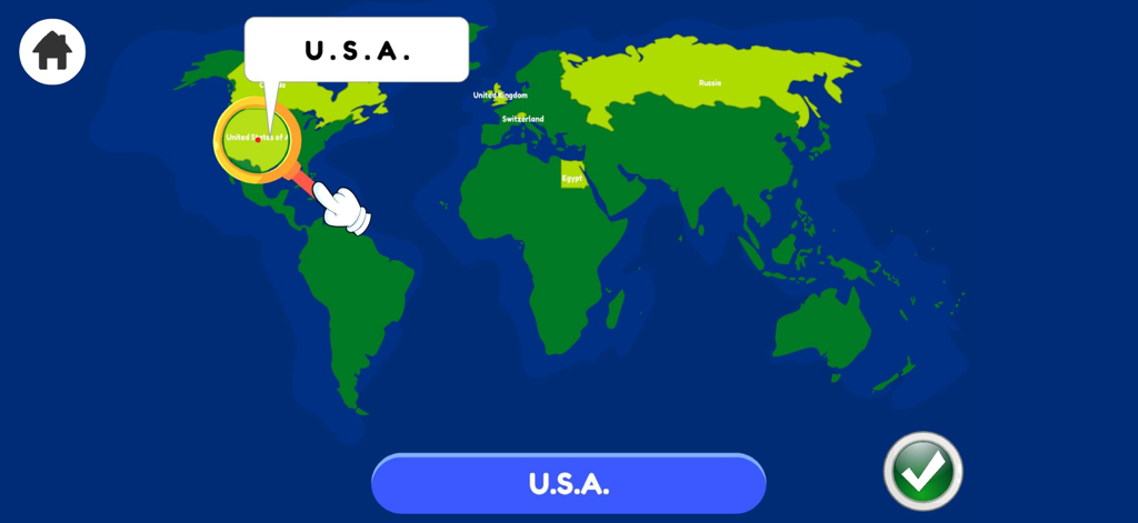 A world map display where a child uses a magnifying glass to locate the USA in a geography learning game.