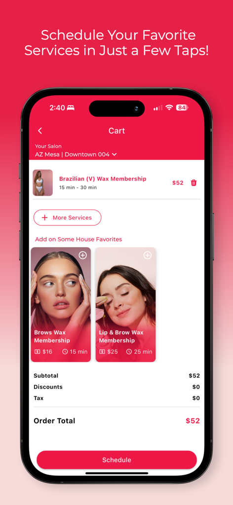 A smartphone screen displaying the cart and scheduling options for Hello Sugar beauty services