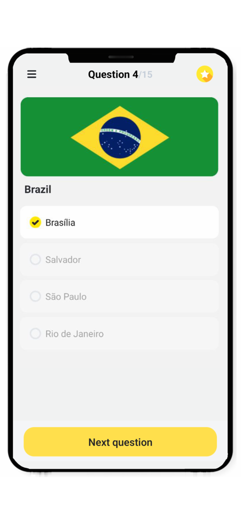 Countries and Capitals Quiz - A multiple choice question in a geography quiz app asking for the capital of Brazil.