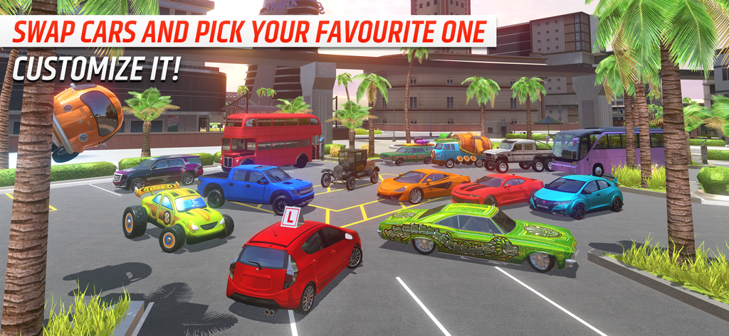 Car Driving School Simulator - Una gran colección de diferentes coches y vehículos en un aparcamiento soleado